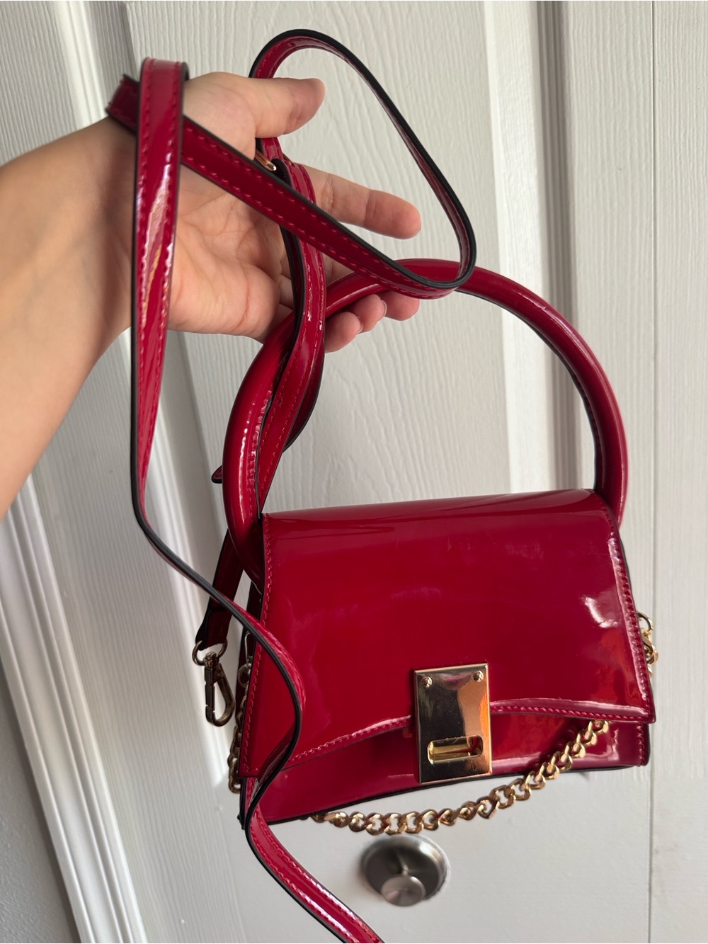 Aldo glossy red patent top-handle mini bag with gold chain - Picture 7 of 8